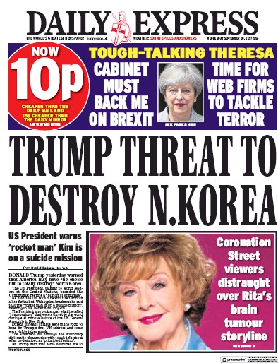Daily Express (UK) Newspaper Front Page for 20 September 2017
