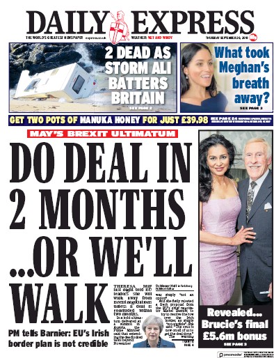 Daily Express (UK) Newspaper Front Page for 20 September 2018