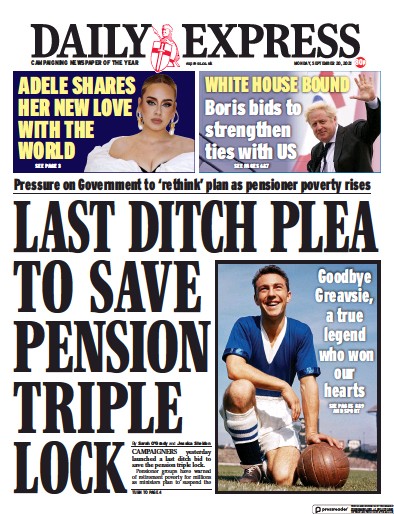 Daily Express (UK) Newspaper Front Page for 20 September 2021