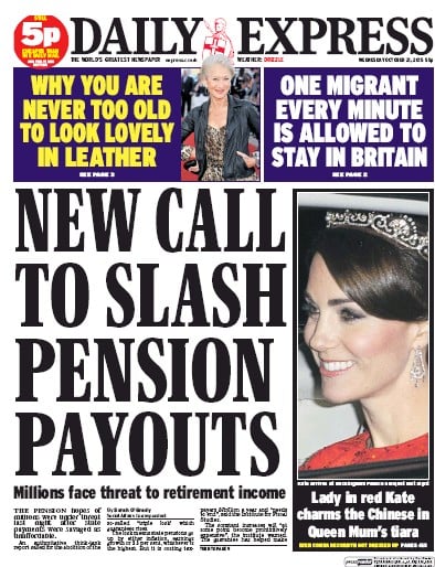 Daily Express Newspaper Front Page for 21 October 2015