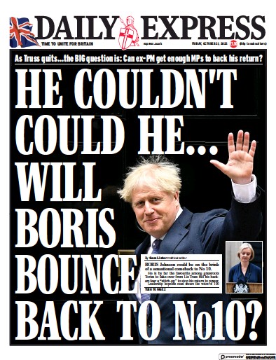 Daily Express Newspaper Front Page for 21 October 2022