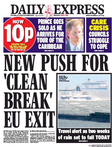 Daily Express Newspaper Front Page for 21 November 2016