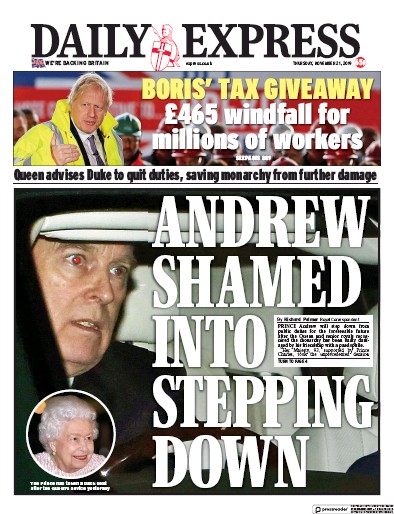 Daily Express (UK) Newspaper Front Page for 21 November 2019