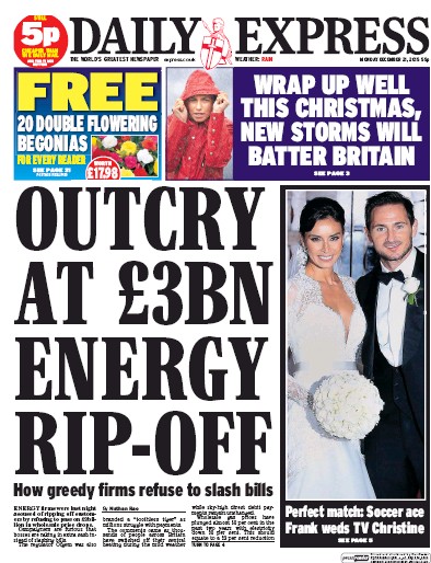Daily Express (UK) Newspaper Front Page for 21 December 2015