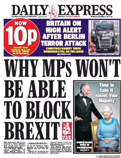 Daily Express (UK) Newspaper Front Page for 21 December 2016