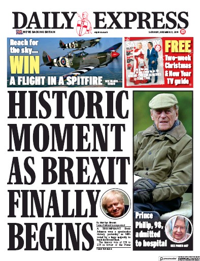 Daily Express (UK) Newspaper Front Page for 21 December 2019