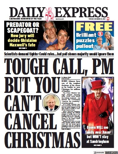 Daily Express (UK) Newspaper Front Page for 21 December 2021