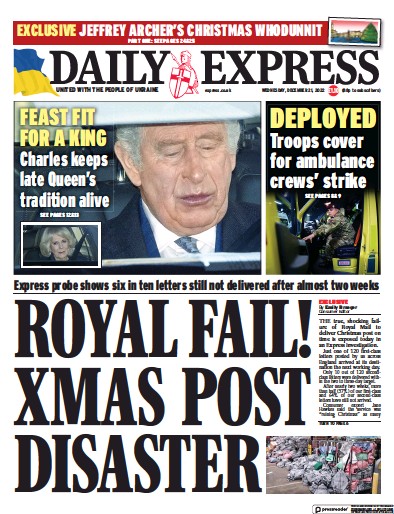 Daily Express Newspaper Front Page for 21 December 2022