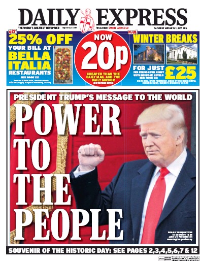 Daily Express Newspaper Front Page for 21 January 2017
