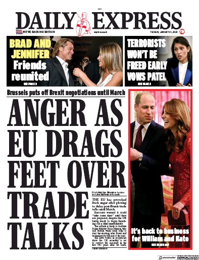 Daily Express (UK) Newspaper Front Page for 21 January 2020
