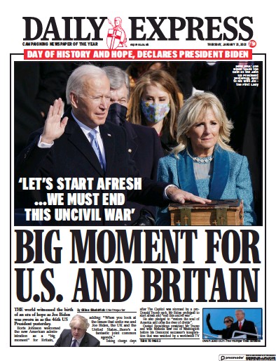 Daily Express Newspaper Front Page for 21 January 2021
