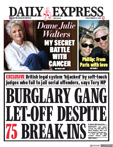 Daily Express Newspaper Front Page for 21 February 2020