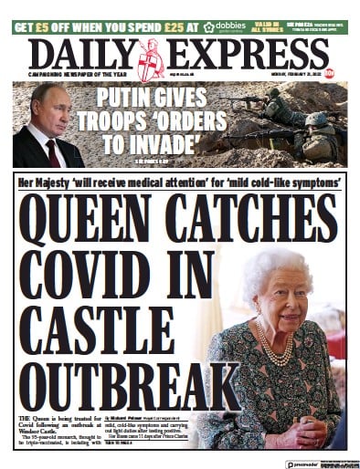 Daily Express Newspaper Front Page for 21 February 2022