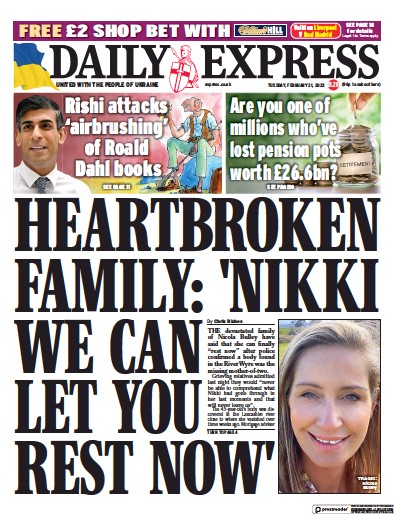 Daily Express (UK) Newspaper Front Page for 21 February 2023