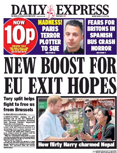 Daily Express (UK) Newspaper Front Page for 21 March 2016