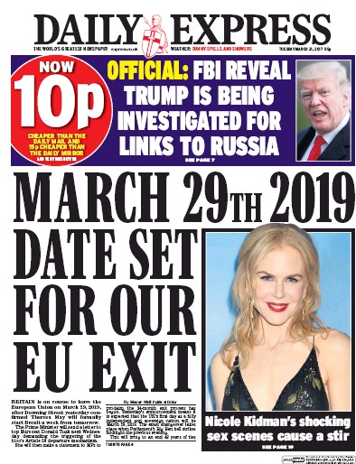 Daily Express Newspaper Front Page for 21 March 2017