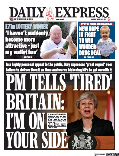 Daily Express Newspaper Front Page for 21 March 2019