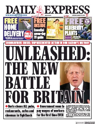 Daily Express Newspaper Front Page for 21 March 2020