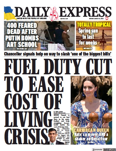 Daily Express (UK) Newspaper Front Page for 21 March 2022