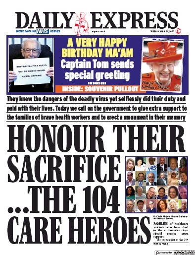 Daily Express Newspaper Front Page for 21 April 2020