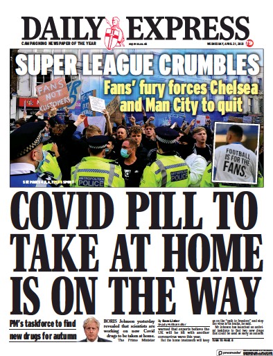 Daily Express (UK) Newspaper Front Page for 21 April 2021