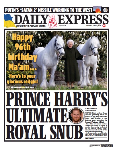 Daily Express Newspaper Front Page for 21 April 2022