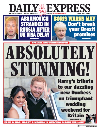 Daily Express Newspaper Front Page for 21 May 2018