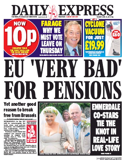 Daily Express Newspaper Front Page for 21 June 2016