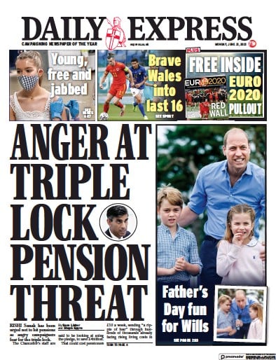 Daily Express (UK) Newspaper Front Page for 21 June 2021