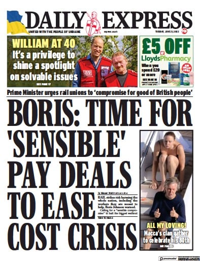 Daily Express (UK) Newspaper Front Page for 21 June 2022