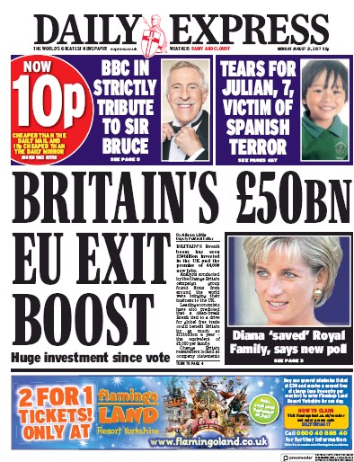 Daily Express Newspaper Front Page for 21 August 2017