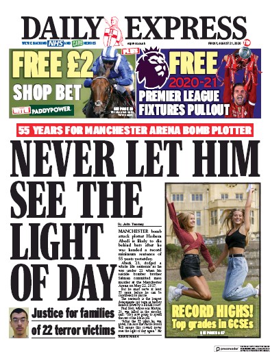 Daily Express Newspaper Front Page for 21 August 2020
