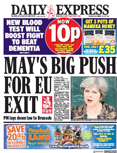 Daily Express Newspaper Front Page for 21 September 2017