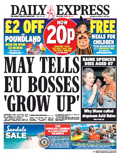 Daily Express Newspaper Front Page for 22 October 2016