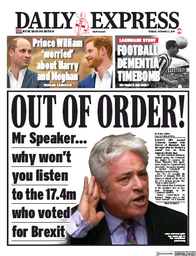 Daily Express Newspaper Front Page for 22 October 2019