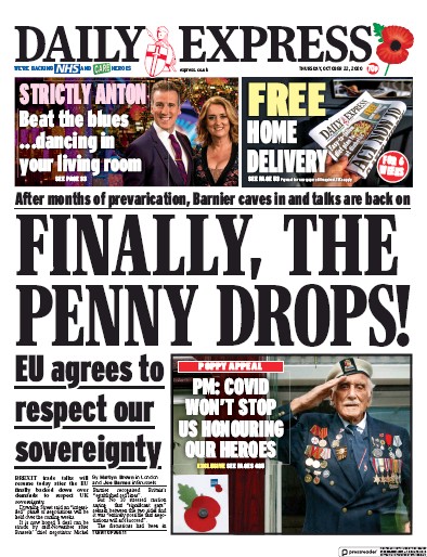 Daily Express (UK) Newspaper Front Page for 22 October 2020