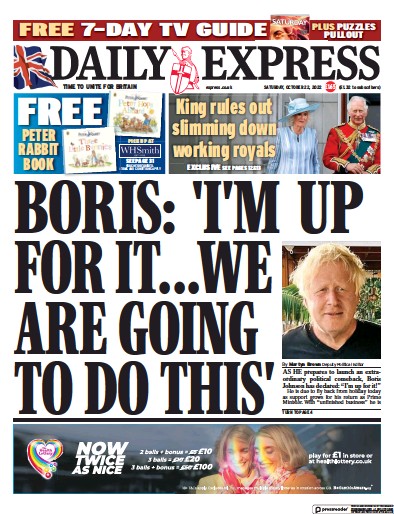 Daily Express Newspaper Front Page for 22 October 2022