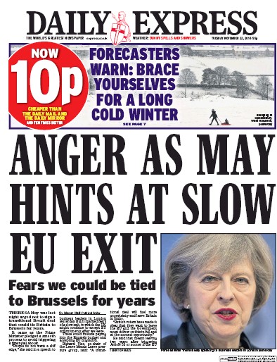 Daily Express Newspaper Front Page for 22 November 2016