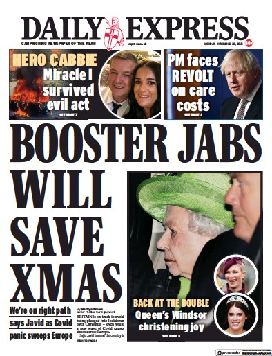 Daily Express (UK) Newspaper Front Page for 22 November 2021