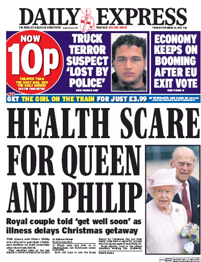 Daily Express (UK) Newspaper Front Page for 22 December 2016