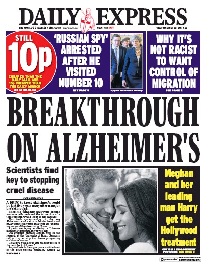 Daily Express Newspaper Front Page for 22 December 2017
