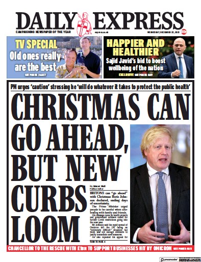 Daily Express (UK) Newspaper Front Page for 22 December 2021