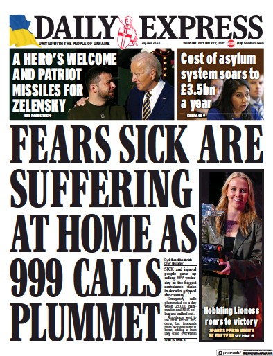 Daily Express Newspaper Front Page for 22 December 2022