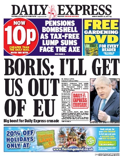 Daily Express (UK) Newspaper Front Page for 22 February 2016