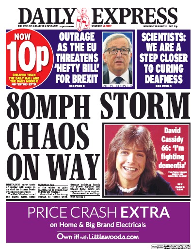 Daily Express (UK) Newspaper Front Page for 22 February 2017