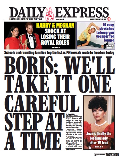 Daily Express Newspaper Front Page for 22 February 2021
