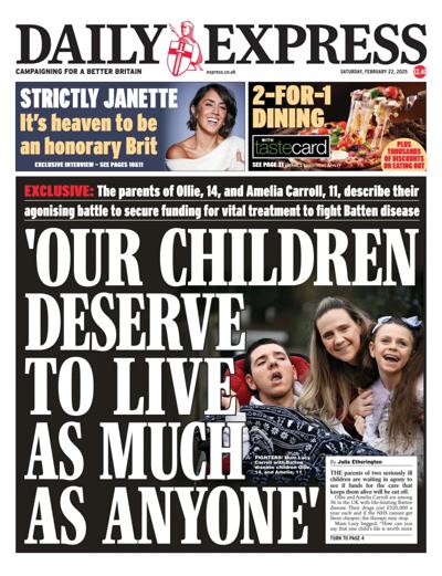 Daily Express (UK) Newspaper Front Page for 22 February 2025