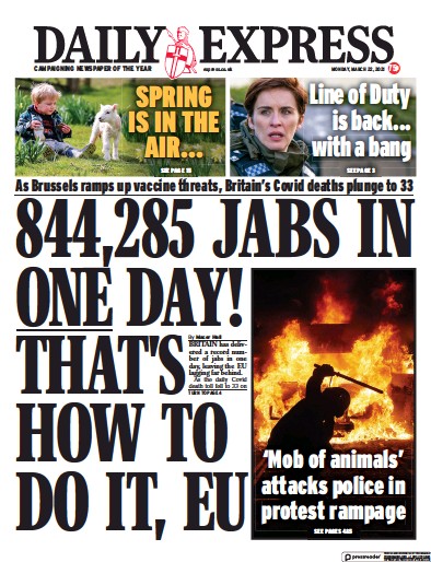 Daily Express (UK) Newspaper Front Page for 22 March 2021