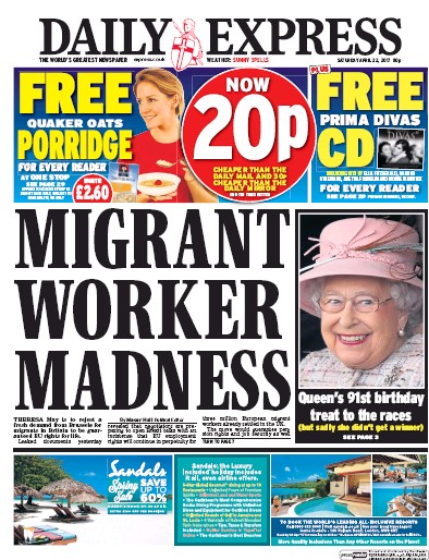 Daily Express Newspaper Front Page for 22 April 2017