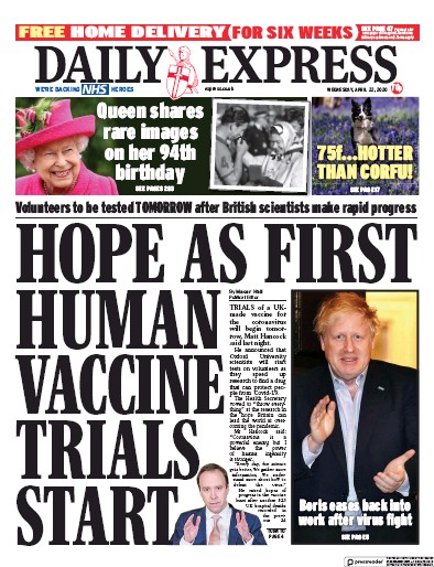 Daily Express (UK) Newspaper Front Page for 22 April 2020
